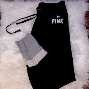 PINK Black drawstring leggings with grey and white detailing at the ankle